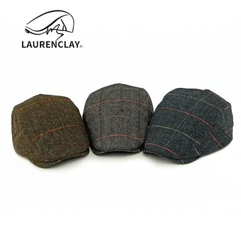 British Vintage Herringbone Wool Blend Flat Cap For Men Winter Warm Newsboy Cap Middle Aged Plaid Beret Hat Adjustable Ivy Cap