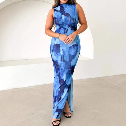 Sleeveless High Neck Maxi Dress Polyester Abstract Print Side Slit Slim Fit Sexy Summer Bodycon Long Gown Women