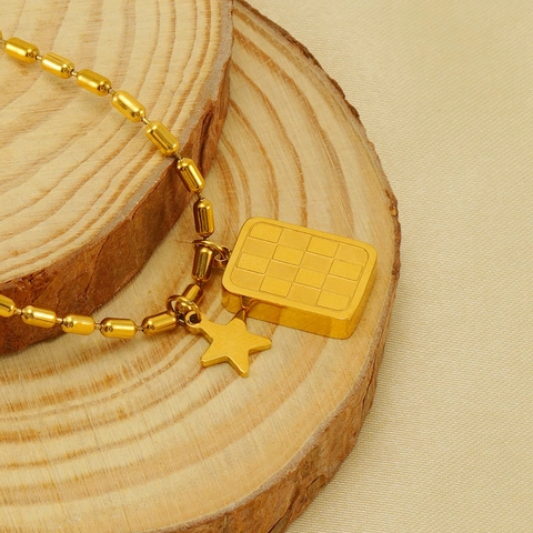 Stainless Steel Necklace 18K Gold Plated Checkerboard Square Tag Star Pendant Trendy Clavicle Jewelry For Women