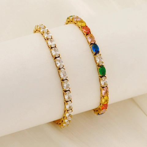 Elegante Bracciale Tennis In Zirconi Acciaio Inossidabile Placcato Oro Regolabile Ovale Gioielli Donna