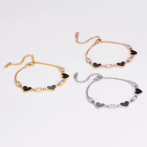 Pulsera De Corazón De Acero Inoxidable Esmalte Negro Circonita Rectangular Joyería De Moda Minimalista Elegante Mujer