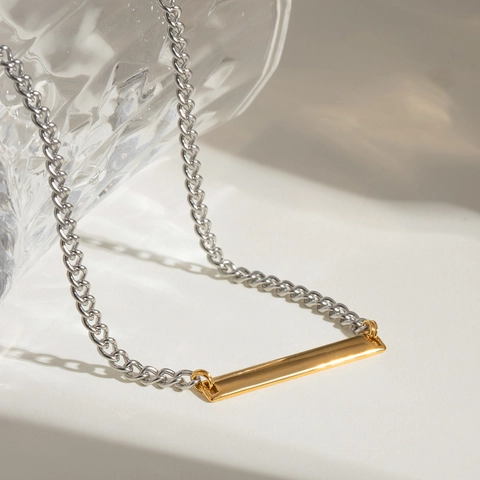 Edelstahl Zweifarbig Gold Silber Balken Anhänger Halskette Curb Kette Minimalistischer Schmuck Für Damen Täglich Mode Halsschmuck