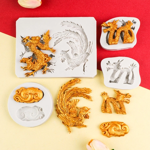 Chinese Dragon Phoenix Auspicious Cloud Silicone Mold Fondant Cake Border Relief Baking DIY Resin Casting Plaster Tool