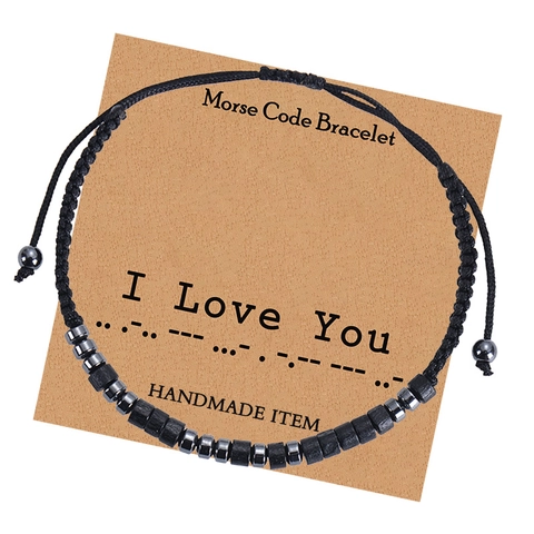 Bracciale Codice Morse Fatto A Mano Pietra Magnetica Nera Corda Intrecciata Regolabile Vintage Regalo Per I Love You