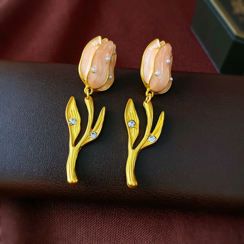 Pendientes De Tulipa Vintage Esmalte Pedrería Perla Artificial De Imitación Con Poste De Plata De Ley 925 Joyería Elegante