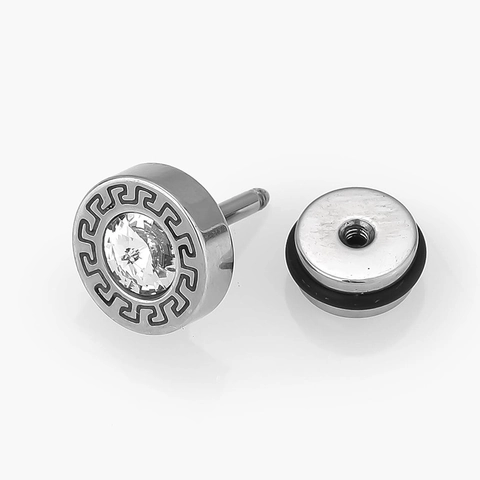 Pendientes De Botón De Acero Inoxidable Patrón De Greca Clásica Circonita Cierre De Rosca Barbell Hip Hop Punk Para Hombres Mujeres