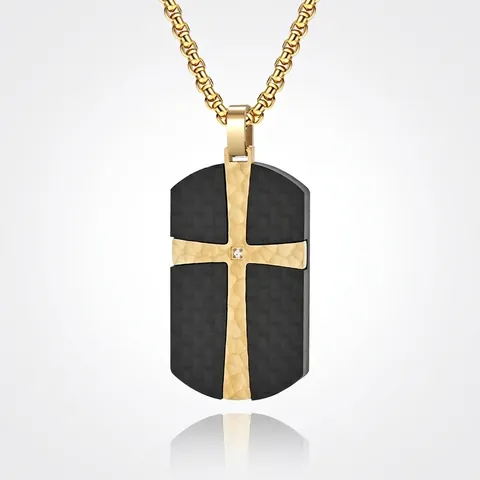 Collana Con Pendente A Croce Da Uomo Acciaio Inossidabile Fibra Di Carbonio Trama Martellata Gioielli Hip Hop Rock