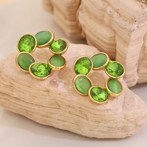 Vintage Cat Eye Stone Stud Earrings Geometric Round Floral Wreath With Stainless Steel Earring Post For Women