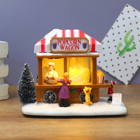 Casa de Pueblo de Nieve de Navidad en Miniatura Con Luz LED Música Escena de Navidad de Resina Carrito de Palomitas Tienda de Juguetes Figura Decoración Mesa Regalo