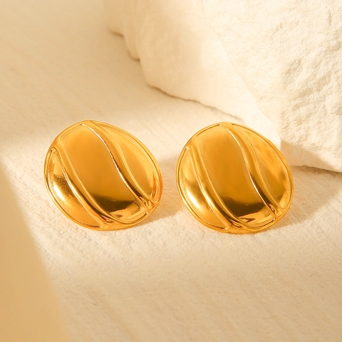 Pendientes De Botón Ondulación De Agua Chapado En Oro De 18K Acero Inoxidable Geométrico Ovalado Textura Joyería De Moda Para Mujeres