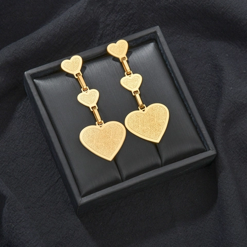 Orecchini Pendenti A Cuore Per Donna In Acciaio Inossidabile Placcato Oro Opaco Design Sovrapposto Gioielli