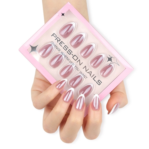 Minimalistische Witte French Tip Press On Nagels Amandelvorm Kunstparelmoer Glanzende Kunstnagels Herbruikbaar Medium Voor Vrouwen