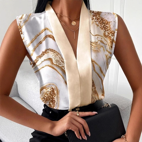 Ärmellose V-Ausschnitt Bluse Damen Satin Polyester Abstrakt Bedruckt Sommer Lässig Büro Elegant Pullover Top