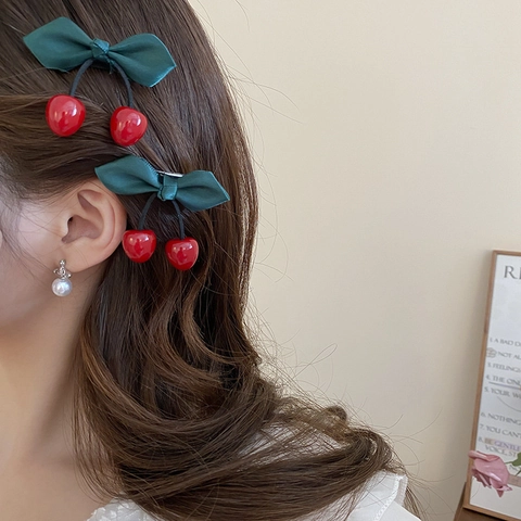 Zoete Eendenbek Haarspeldjes Met Hars Kers En Satijnen Strik Voor Dames Meisjes Frisse Stijl Zijpony Accessoires