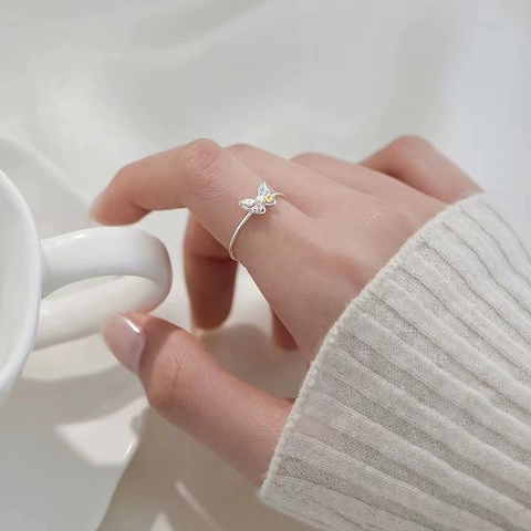 925 Sterling Silver Butterfly Open Ring For Women Adjustable Colorful Zirconia Inlaid Minimalist Finger Ring Jewelry