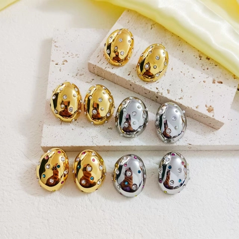 Pendientes De Botón Ovalados Estilo Francés De Acero Inoxidable Con Circonitas Y Perlas Artificiales Joyería Geométrica Para Mujer