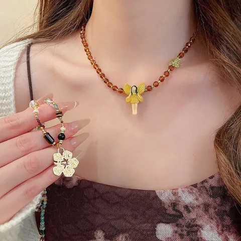 Collar De Cuentas Hecho A Mano Resina Vidrio Colgante Hada Elfo Flor Joyería Retro Boho Para Mujeres