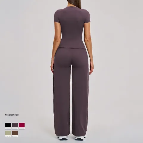 Women Yoga Short Sleeve Top And High Waist Wide Leg Pants Brushed Nylon Spandex Solid Color Slim Fit Workout Fitness Casual