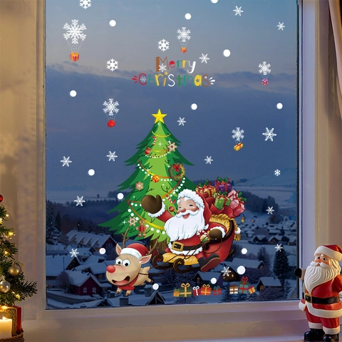 Christmas Window Clings Static PVC Stickers Reindeer Santa Claus Tree Snowflakes Glass Decals Double Sided Home Decor