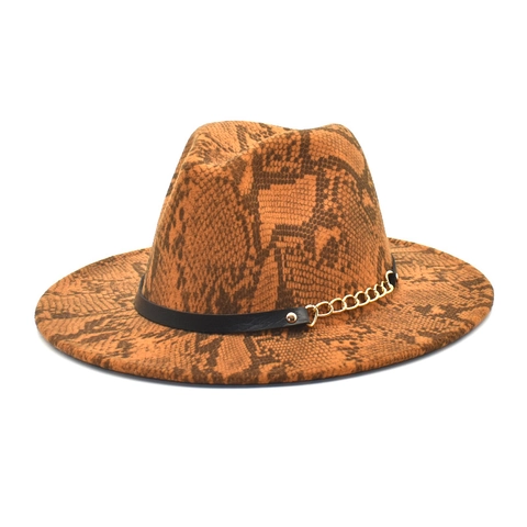 Wide Brim Fedora Hut Wollfilz Schlangenmuster Goldkette Ledergürtel Jazzhut Damen Herren
