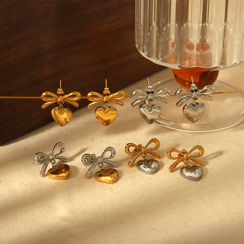 Bow-knot Heart Pendant Stud Earrings Stainless Steel Polished 18K Gold Plated Elegant Jewelry Women