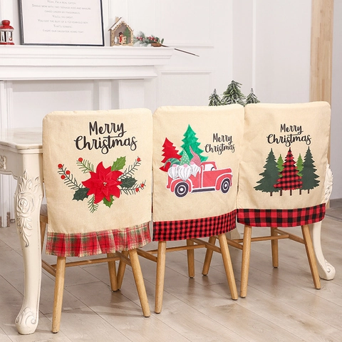 Weihnachts Stuhlbezüge Leinenoptik Frohe Weihnachten Kariert Rüschensaum Esszimmer Restaurant Deko