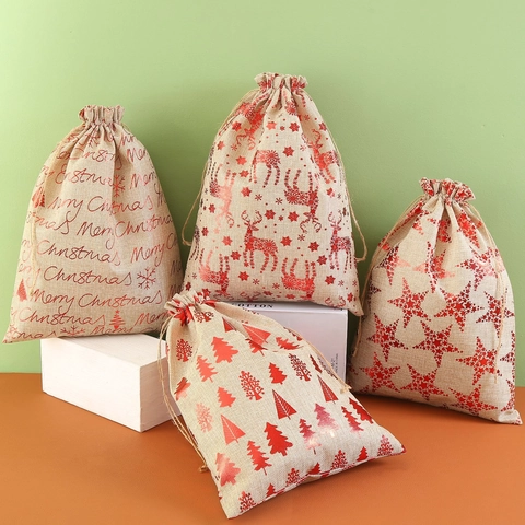 Christmas Gift Bags Linen Burlap Drawstring Pouch Metallic Print Reindeer Star Heart Festive Party Favor Storage