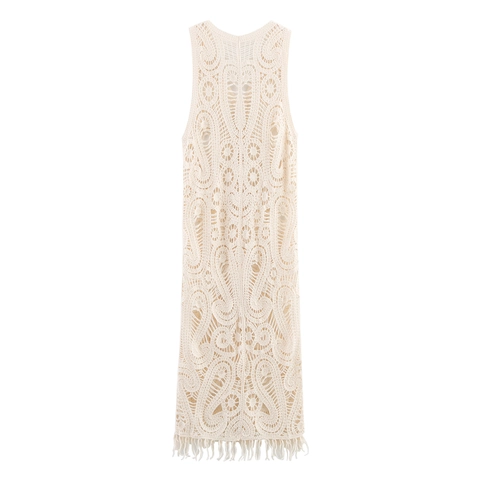 Chaleco De Ganchillo Para Mujer Cárdigan Calado Flecos Cuello En V Sin Mangas Largo Cover Up De Playa Punto Boho