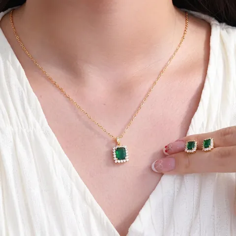 Retro Copper Alloy Zirconia Geometric Square Jewelry Set Elegant Emerald Green Ruby Red Earrings Pendant Women Jewelry