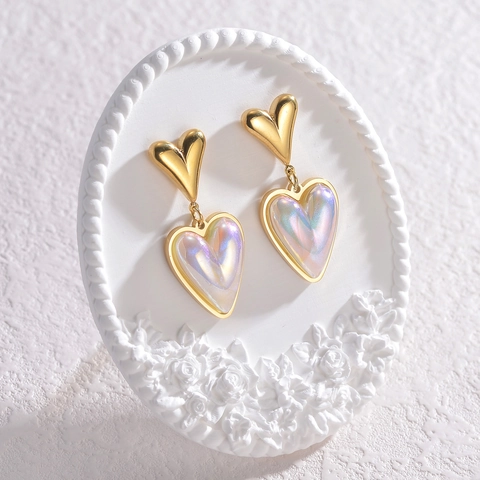 Eleganti Orecchini Pendenti in Acciaio Inossidabile Oro Con Perla Artificiale Orecchini Iridescenti Cuore Ovale Conchiglia Donna