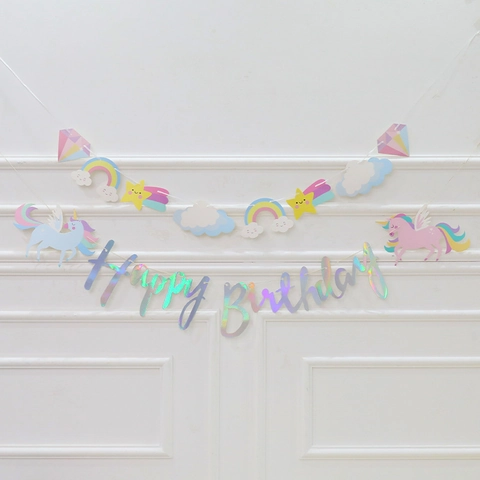 Happy Birthday Banner Holographic Paper Garland For Birthday Party Decoration Unicorn Mermaid Theme For Kids Girls