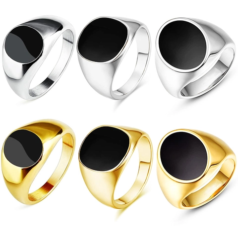 Anello Sigillo Vintage in Acciaio al Titanio Per Uomo Donna Smalto Nero Tondo Quadrato Ovale Oro Argento Placcato Hip Hop Gioielli