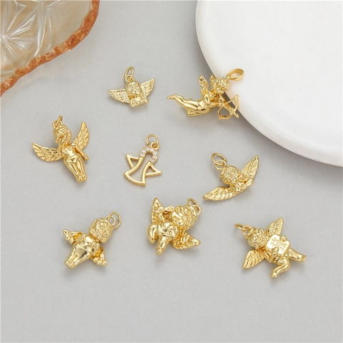 Ciondoli Angelo Cupido Rame Placcato Oro 14K Per Creazione Gioielli Fai Da Te Pendente Metallo Forma Cuore Ala Accessori