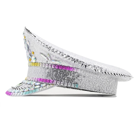 Sombrero De Capitán De Lentejuelas Plateadas Con Diamantes De Imitación Coloridos Y Pinchos Metálicos Gorra Militar De Fiesta Para Mujer