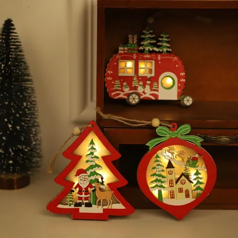 Christmas Wooden LED Luminous Hanging Ornaments Wood Light Up Tree Star Heart Car Shapes Xmas Home Party Holiday Decor