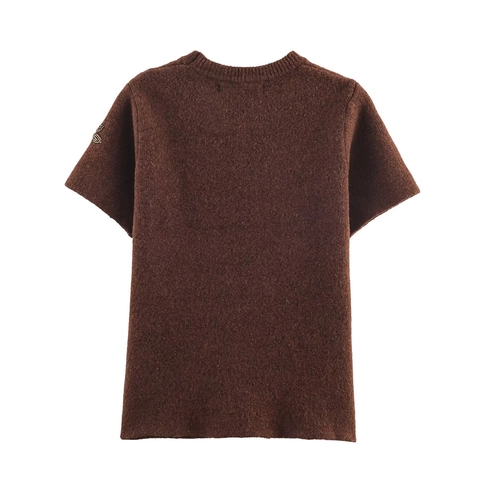 Women's Vintage Beaded Floral Short Sleeve Knit Sweater Elegant Round Neck Chestnut Knitwear Top Casual Fall Winter Fashion