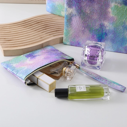 Iridescent Laser Kosmetiktasche PU Leder Schlangenhaut Textur Große Kapazität Wasserdichte Make-up Tasche Mit Handschlaufe