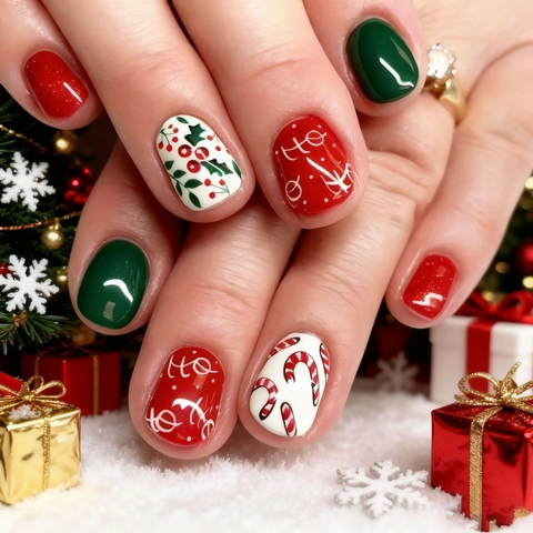 Christmas Press On Nails ABS Plastic Glossy Short Square False Nails Red Berry And Holly Leaf Pattern Holiday Party