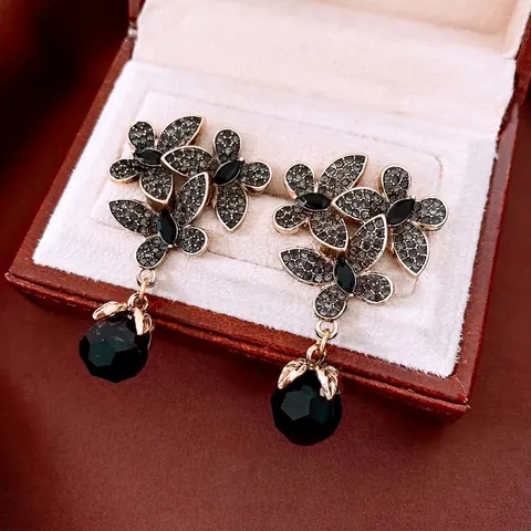 Vintage Flower Pendant Drop Earrings Alloy Glass Bead Rhinestone Inlay With 925 Sterling Silver Earring Post For Women