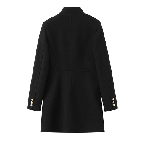 Veste En Laine À Double Boutonnage Pour Femme Col Montant Boutons Dorés Manteau Court Élégant Noir Coupe Ajustée