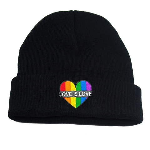 Unisex Polyacryl Strickmütze Warme Wintermütze Mit Regenbogen Herz Love Is Love Stickerei Schwarz Beanie Für Pride Month