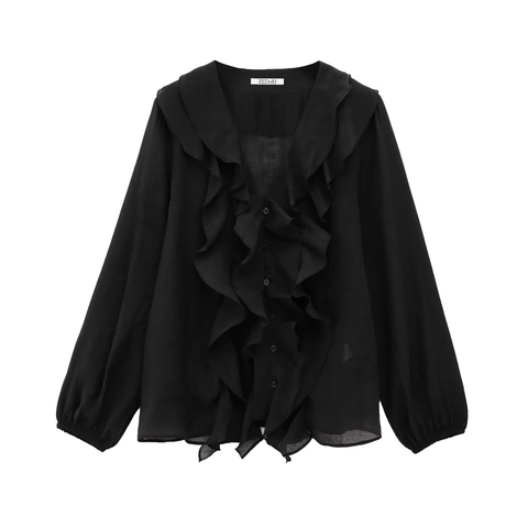 Blusa de Manga Larga con Volantes y Cuello en V para Mujer Aspecto de Satén Elegante Vintage Francés Abotonada Camisa Lisa Tops Sueltos