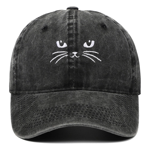 Casquette De Baseball Broderie Chat Coton Lavé Vintage Ajustable Distressed Dad Hat Pour Hommes Femmes Plein Air
