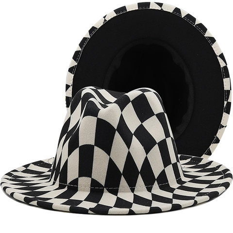Schaakbord Geruite Fedora Hoed Brede Rand Vintage Jazz Pet Katoen Polyester Voor Dames Heren Mode Accessoires