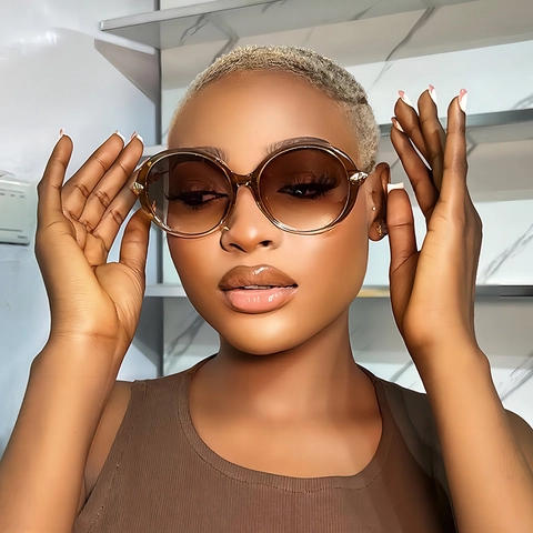 Lunettes De Soleil Rondes Surdimensionnées Femmes UV400 Verres Dégradés Branche Feuille Métal Monture Plastique