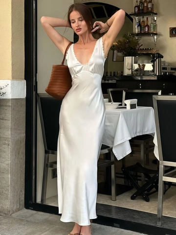 Damen Sexy Tiefer V Ausschnitt Satin Maxikleid Spitze Ärmellos Schmale Passform Elegant Weiß