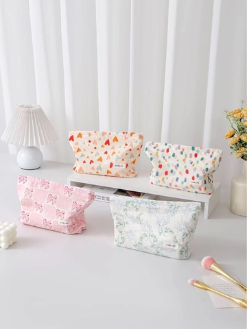 Trousse De Toilette En Toile Florale Fraîche Pochette De Maquillage Voyage Portable Organisateur À Fermeture Éclair Pour Femmes