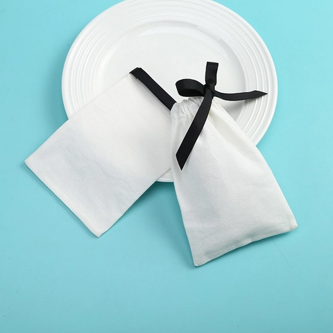 Small White Cotton Jewelry Pouch With Black Grosgrain Ribbon Bow Drawstring Gift Bag For Rings Earrings Wedding Packaging
