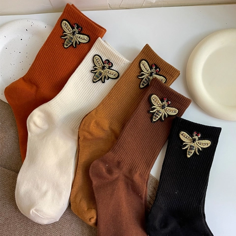 Women Crew Socks Cotton Ribbed Knit Bee Embroidery Beaded Retro Style Mid Calf Breathable Soft