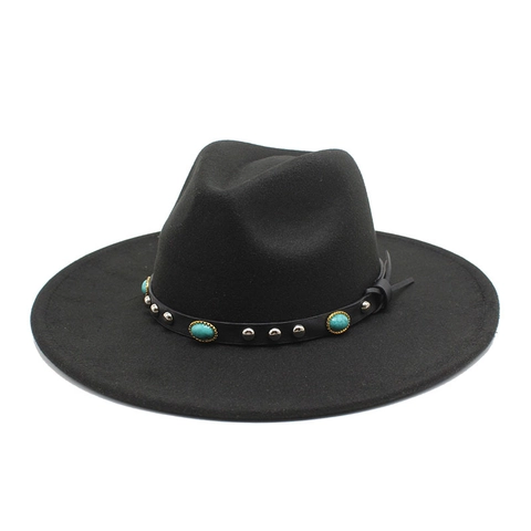 Fedora Hat Wool Felt Wide Brim Panama Jazz Cap With Turquoise Rivet Leather Band Boho Western Style Retro For Women Men
